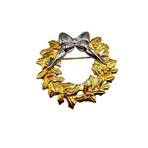Gold & Silver Tone Christmas Wreath Pin Brooch Bow Design Liz Claiborne Jewelry